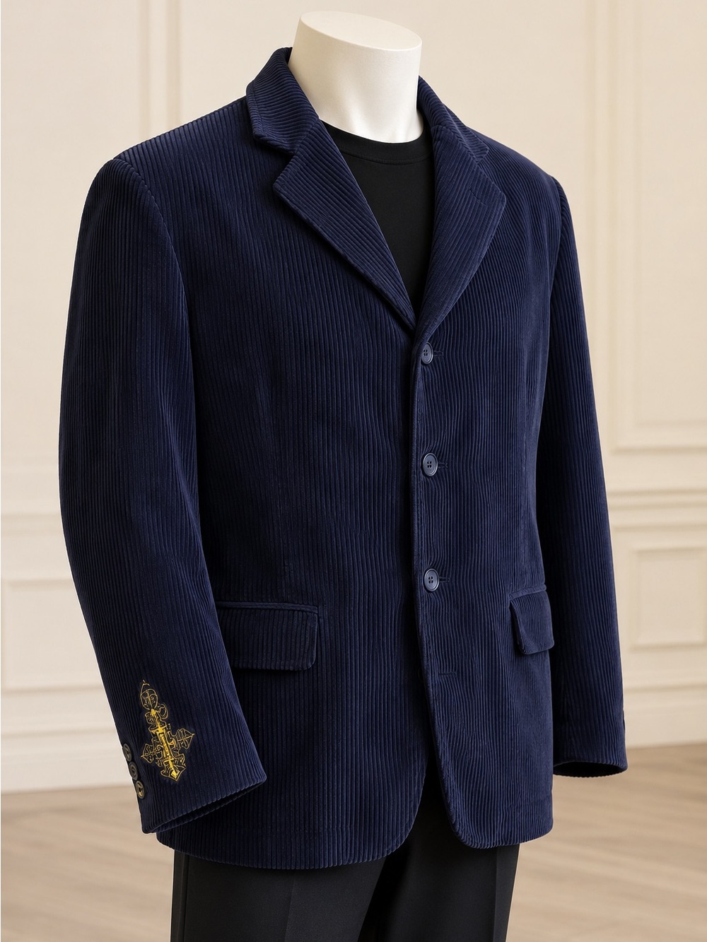 Navy Corduroy Blazer with Embroidered Cuff Detail - Men's